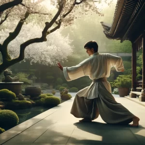 DALL·E 2024-06-03 13.06.07 - A martial artist in a serene outdoor setting, performing a fluid and graceful move from a soft style martial art, such as Aikido or Bagua Zhang. The m