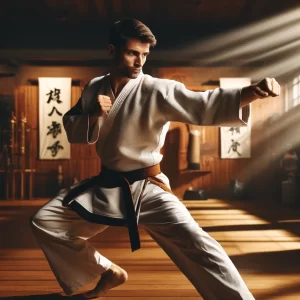 DALL·E 2024-06-03 13.24.59 - A martial artist in an intense training setting, demonstrating a powerful punch from a different stance, such as a front stance or back stance. The ma